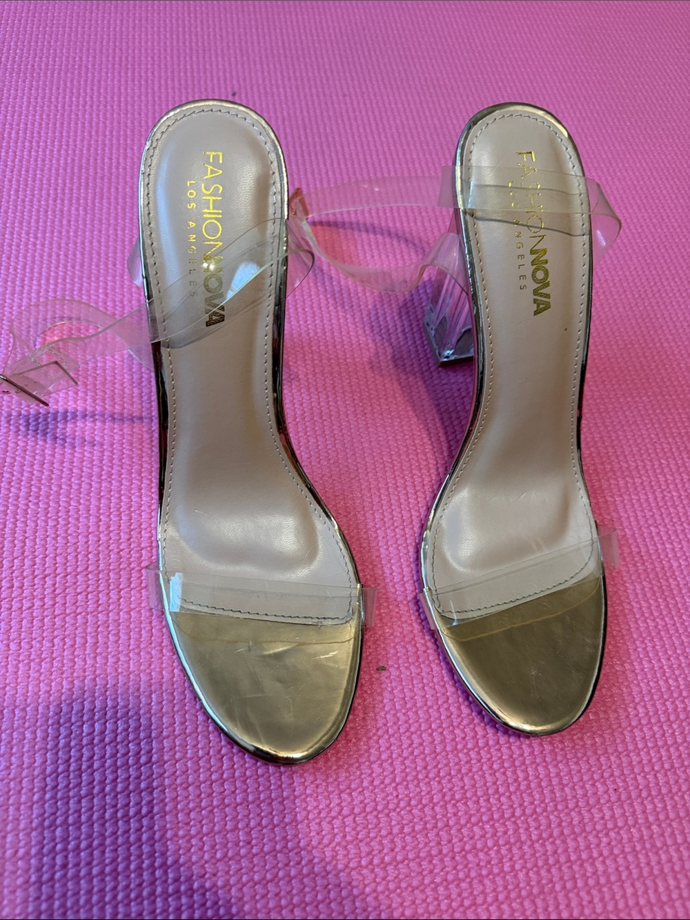 Fashion Nova Clear Strap Block Heel Sandals in Rosw Gold